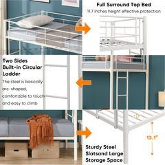 Twin metal bunk beds, metal structure bed frame with safety guardrails and 2 ladders, convertible bunk beds, white