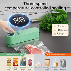Beige cordless 3 - in - 1 food sealer. For dry/moist food, 4 bags. Seals chip bags, inflates items.