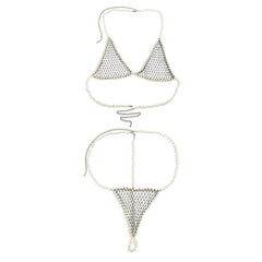 Women's sexy and simple imitation pearl woven chest chain set, new creative fishing net waist chain