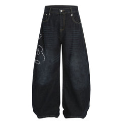Streetwear High Street Letter Print Slash Denim Trousers Men's Work Pants Washed Vintage Loose Wide Leg Floor-Length Pants