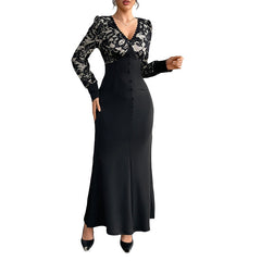 Sexy Retro Lace Splicing Long Sleeve V-neck Dress for Evening and Date