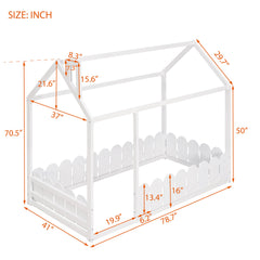 {Slats are not included}Twin Size Wood Bed House Bed Frame with Fence for KidsTeens Girls Boys {White}
