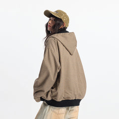 Double-sided Wear Hooded Cardigan Unisex Spring and Autumn Casual Loose Fit Plaid Short Jacket Two-Way Wearing