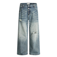 Hole-Washed Denim Long Pants Men's Loose Faded Whitewashed Wide-Leg Straight Trousers European and American Street Fashion Versatile Dad Pants