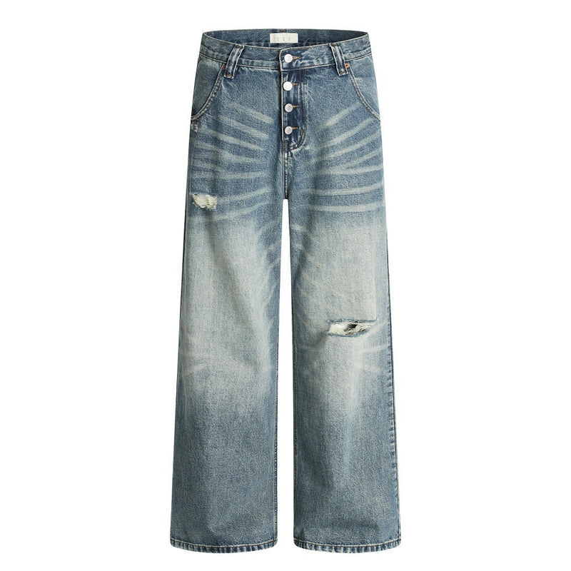 Hole-Washed Denim Long Pants Men's Loose Faded Whitewashed Wide-Leg Straight Trousers European and American Street Fashion Versatile Dad Pants