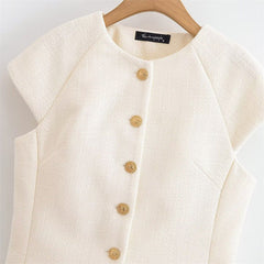 Fashionable Casual Round Neck Versatile Vest with Front Button Closure for Women
