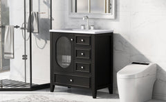 30" Bathroom Vanity with Sink, Bathroom Vanity Cabinet with Three Drawers and Door, Solid Wood and MDF, Black