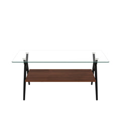 Rectangle Coffee Table with Tempered Glass top and Black Metal Legs, Modern Table for Living Room , Transparent Glass