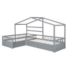 Twin Size House Platform Bed with Three Storage Drawers Gray