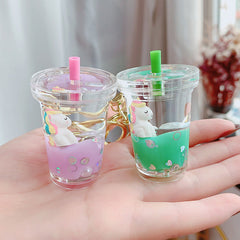 Glitter Quicksand Key Chain Liquid Floating Unicorn Keyring Keychain Bag Charm Milk Tea Cup Pendant Keyfob Gift for Women