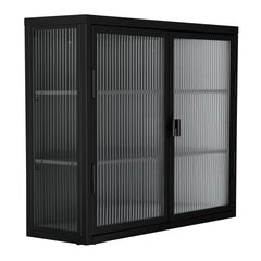 Retro Style Haze Double Glass Door Wall Cabinet With Detachable Shelves for Office Dining Room Living Room