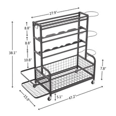 Four layer metal storage rack, large ball storage rack with rollers, baskets, and hooks