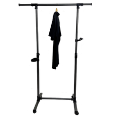 Short clothes hanger with chassis and wheels, heavy-duty rolling clothes hanger, black