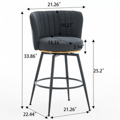 A set of 2 gray rotating bar stools - high backrest, adjustable, with elegant metal backrest decoration