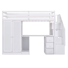 Twin Size Loft Bed with Wardrobe and Staircase, Desk and Storage Drawers and Cabinet in 1  White