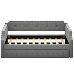 Upholstered Daybed with Trundle, Wood Slat Support,Upholstered Frame Sofa Bed   Twin Gray