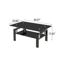 Black Tempered Glass Coffee Table, 2 Layer Storage Tea Table