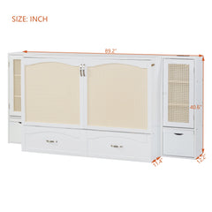 Large Murphy bed wall mounted bed with drawers, 2 storage cabinets, 1 set of sockets and USB ports, white