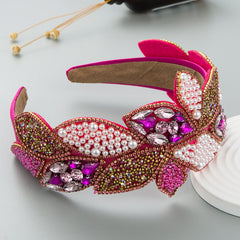 Headband Fashion Ball Rhinestone Pearl Leaf-Shaped Baroque Headband Exaggerated Wide-Brimmed Hair Accessories