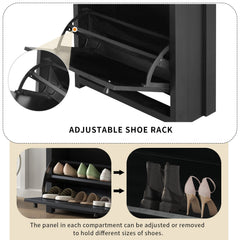 ONTREND with 2 flip drawers, top shoe cabinet with drawers, independent shoe rack with adjustable panel, for hallway use, black