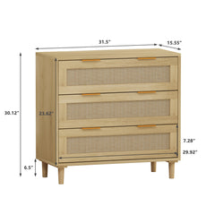 3-Drawers Rattan Storage Cabinet Rattan Drawer (Set of 2),for Bedroom,Living Room,Dining Room,Hallways,Oak