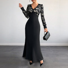 Sexy Retro Lace Splicing Long Sleeve V-neck Dress for Evening and Date