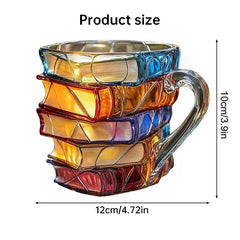Painted Book Mug: 11oz, 3D painted books design, colorful resin, unique coffee cup, ideal for collection/gifts.