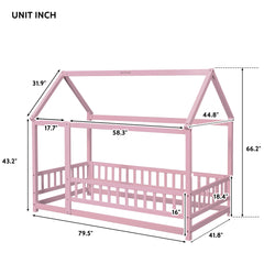 Twin Size Floor Wooden Bed with House Roof Frame, Fence Guardrails,Pink