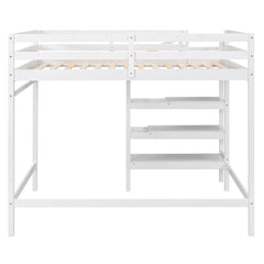 Full Size Loft Bed with Built-in Storage Staircase and Hanger for Clothes  White