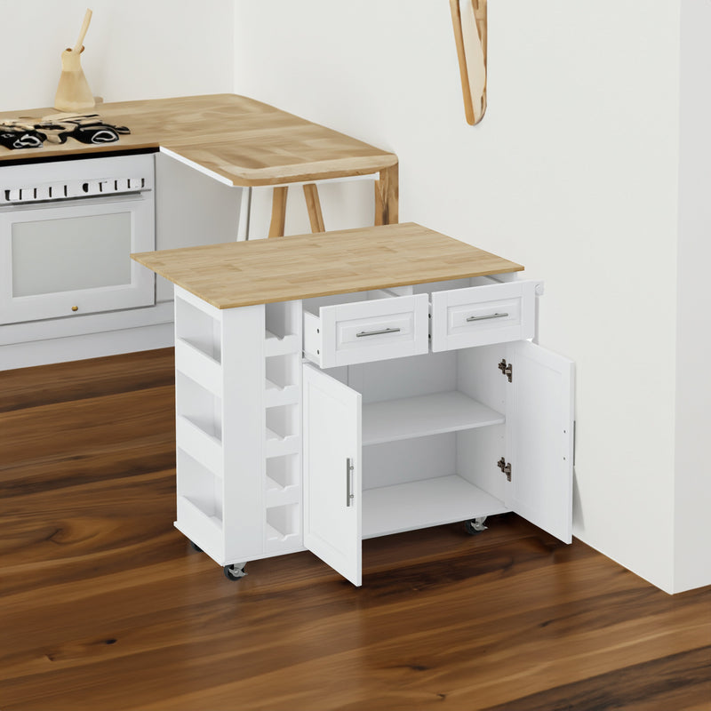 Multi-Functional Kitchen Island Cart with 2 Door Cabinet and Two Drawers,Spice Rack, Towel Holder, Wine Rack, and Foldable Rubberwood Table Top (White)