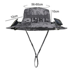 Solar fan hat: wide - brim bucket hat with 2 solar fans, men’s summer cap for outdoor fishing, camping, hiking.