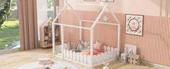 (Slats are not included) Full Size Wood Bed House Bed Frame with Fence for Kids Teens Girls Boys (White )