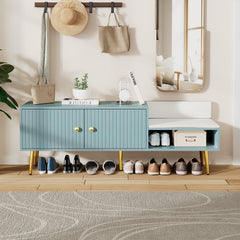 Modern Shoe Storage Bench with Hidden Storage and Upholstered Cushions for Bedside, Living Room and Entryway (Tiffany Blue)