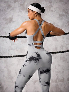 Back Crisscross Tie-Dye Scoop Neck Active Jumpsuit