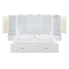 Large Murphy bed wall mounted bed with drawers, 2 storage cabinets, 1 set of sockets and USB ports, white