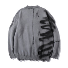 Graffiti Print Crew Neck Knit Sweater Men's Loose Fit Pullover with Hem Holes Street Style Trendy Design