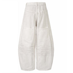 Sprayed and Distressed Denim Tapered Pants with High Street Punk Pocket Design, Loose Wide Leg Long Pants