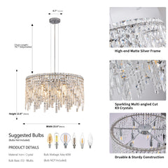 Deluxe round silver crystal chandelier, modern rectangular chandelier (excluding light bulbs)