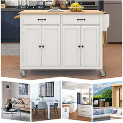 Kitchen Island Cart with Solid Wood Top and Locking Wheels 54.3 Inch Width  (White)