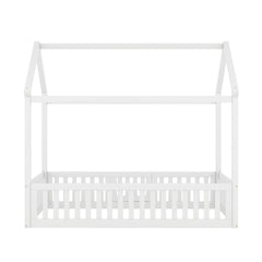 Twin Size Wood House Bed with Fence and Door, White