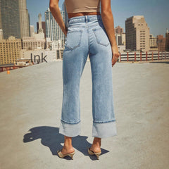 Straight leg jeans women's retro rolled edge high waisted pants
