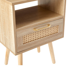 15.75" Rattan End table with drawer and solid wood legs Modern nightstand side table for living room natural