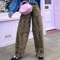 American retro leopard print casual pants with high waist design niche fashion loose and wide leg pants