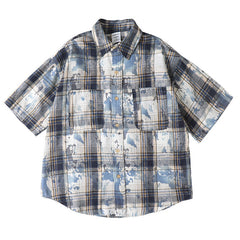 Tie dye printed plaid wide cut shirt