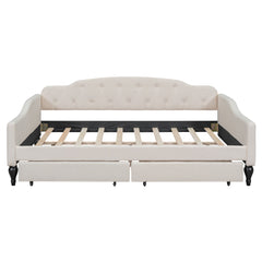 Full Size Upholstered Tufted Daybed with Two Drawers, Beige