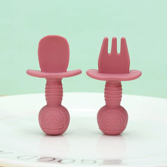 Licking Spoon for Baby Learning to Eat Training Spoon Short Handle Baby Supplementary Food Silicone Soft Spoon Fork Spoon Tableware 2-piece Set