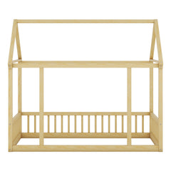 Twin Size Floor Wooden Bed with House Roof Frame and Safety Guardrails,Natural