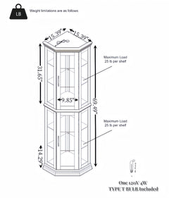 Corner Curio cabinet with illuminated glass display stand and tempered glass door, with adjustable bracket and light bulb