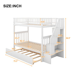 Twin over Twin Bunk Bed with Trundle and Storage  White
