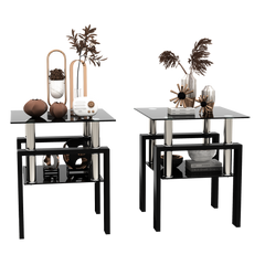 Set of 2, Modern Tempered Glass Tea Table Coffee Table End Table, Square Table for Living Room, Black